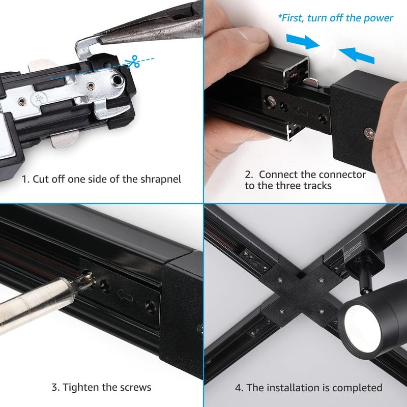 LEONLITE H Track X Connector, Single Circuit 3-Wire-1 Track Lighting Kit, UL Listed, Flame Retardant Material, Black - Image 3